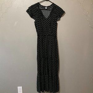 Old Navy Maxi Black White Polka Dot Dress V Neck Cap Flutter Sleeve Tiered XS